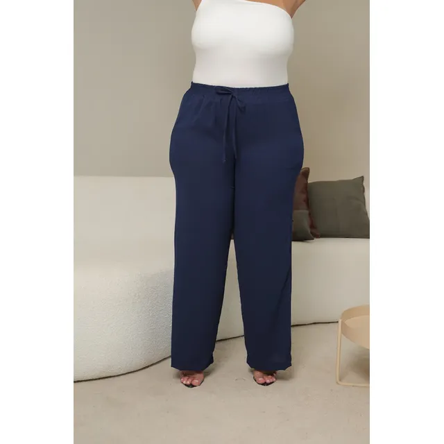 Calça Pantalona Plus Size Wide Leg Cintura Alta Com Elastico