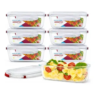 Kit 6 Potes 640ml Vidro Hermético 4 Travas Marmita Refratari Branco