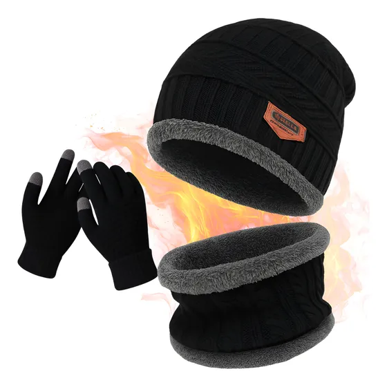 Kit Frio Touca Forrada Lã + Protetor De Pescoço + Luva Touch
