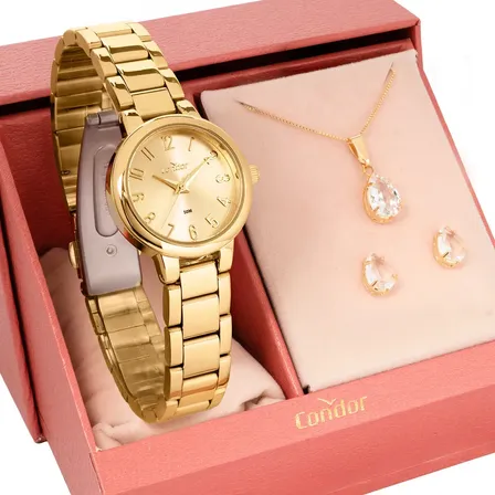 Kit Relógio Feminino Condor Com Colar E Brincos Co2035nmm/k4x Dourado Dourado