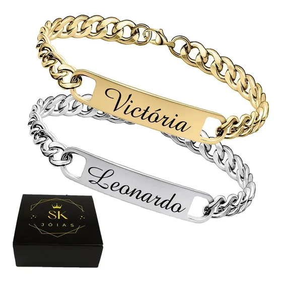 2 Pulseira Presente Namoro Com Nome Dourado Prata Aço Casal