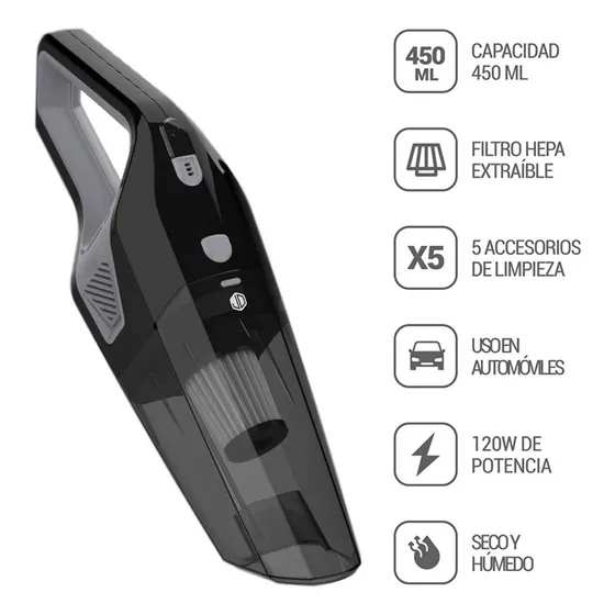 Aspiradora de mano para Auto 120W JD Car Force 12v Seco y Húmedo Filtro Hepa Color Negro