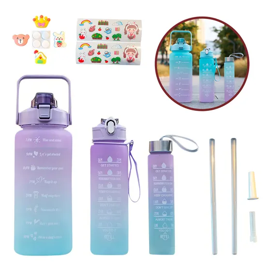 Set 3 Botellas Motivacional Camping Niños Entrenamiento Gym Color Violeta/celeste