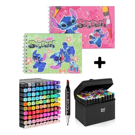 2 Livro Colorir Capa Dura Stitch + 100 Canetinha Ponta Dupla