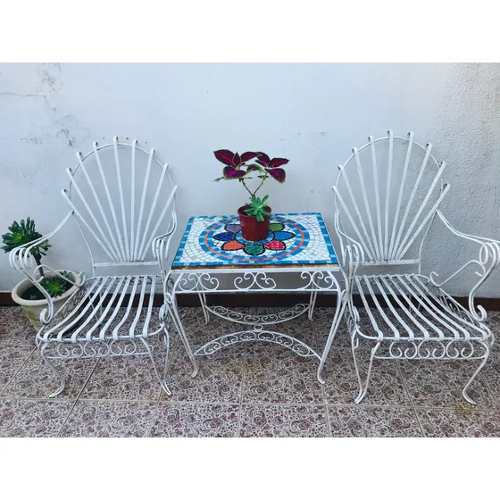 Juego De Jardín Mesa Y 2 Sillonessi Hierro Exterior