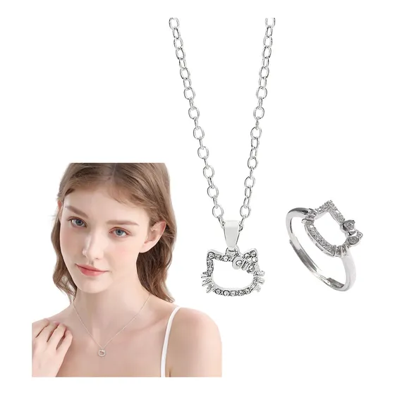 Hello Kitty Collar De Plata + Anillo Ajustable 2 Piezas/set