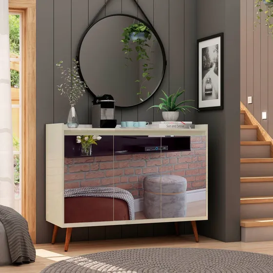 Buffet Aparador Balcão Para Sala Jantar Estar Com 3 Portas Espelho Espelhado Off White Retrô Moderno Promoção