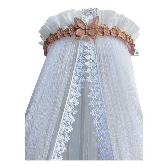 Berço de Luxo Dossel Parede Laço E Flor Com Mosquiteiro Tule Renda Cor Borboleta