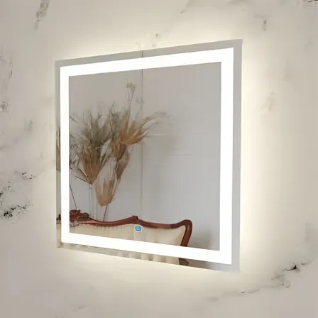 Espelho Quadrado Jateado Com Led 60x60 Lapidado Cor Da Moldura Branco Neutro