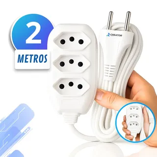Creator Brasil Extensão Elétrica 2 Metros Branca 10A com 3 Tomadas Tr