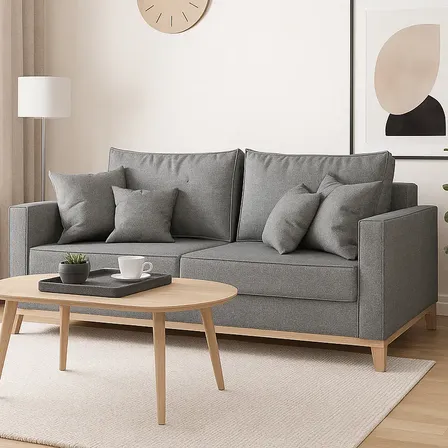 Sofá Living Beny 1,80mt 3 Lugares Linho Com Base E Pés De Madeira Cinza Linho