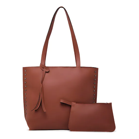 Bolsa Sacola Grande Shopper De Ombro E Lado Com Necessaire Acambamento Dos Ferragens Prata Cor Caramelo Desenho Do Tecido Liso