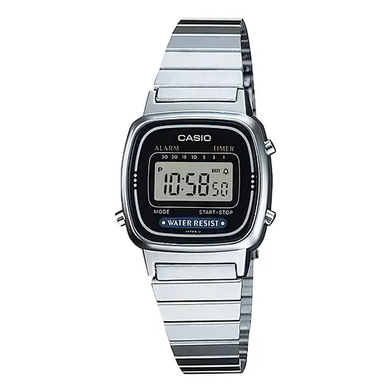 Reloj pulsera digital Casio CALA670WA1VT con correa de acero inoxidable color plateado - fondo negro