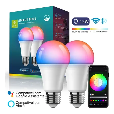 Kit 2 Lâmpada Smart Led 12W Inteligente RGB Wifi Alexa Google Assistente Siri E27 Colorida Bulbo 1200 Lumens Multicolor Branco Frio Neutro Quente 2700k 4500k 6500k Briturn Controle Por Voz E App