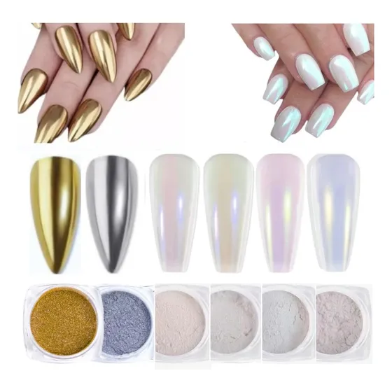 6 Piezas Polvo Para Uñas Efecto Aurora Espejo + Aplicador