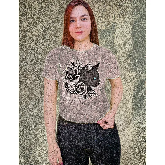 Polera Dama Estampada 100%algodon Diseño Gato Negro