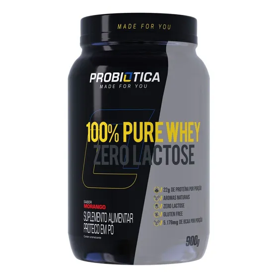 100% Pure Whey Zero Lactose 900 G Probiótica Sabor Morango