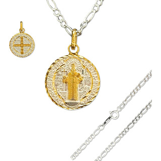 Medalla San Benito Con Chapa Oro 24k Y Cadena Plata Fina 925 Medalla San Benito Con Chapa Oro 24k Y Cadena Plata Fina 925