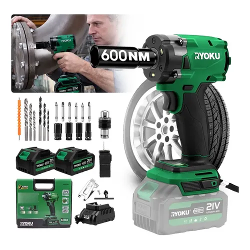 Chave De Impacto 600n.m Sem Escova Tecepo Com 2 Baterias 4ah Verde