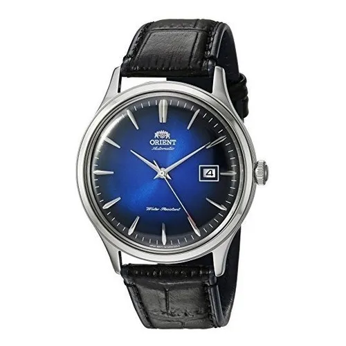 Reloj pulsera Orient FAC0800 con correa de cuero color negro - fondo azul - bisel plateado
