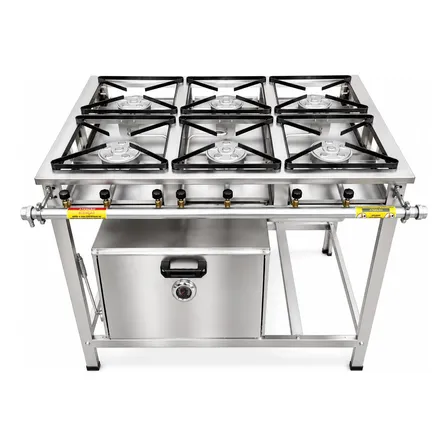 Fogao Inox Industrial Alta Pressao 6 Bocas Com Forno 55 Lts Prateado Gás