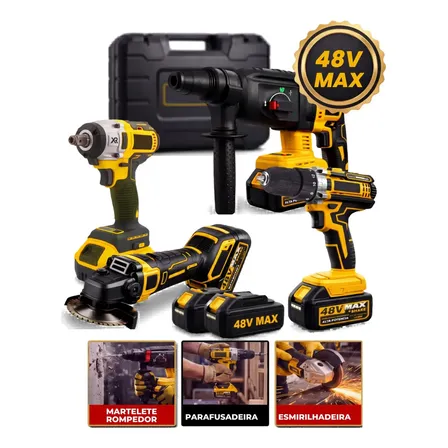 Kit Multi Ferramentas 4 Em 1 48v Sem Fio Com 2 Baterias Furadeira Parafusadeira Martelete Esmerilhadeira Chave De Impacto Com Maleta Alta Potência Uso Profissional Doméstico Multiferramentas Hardline