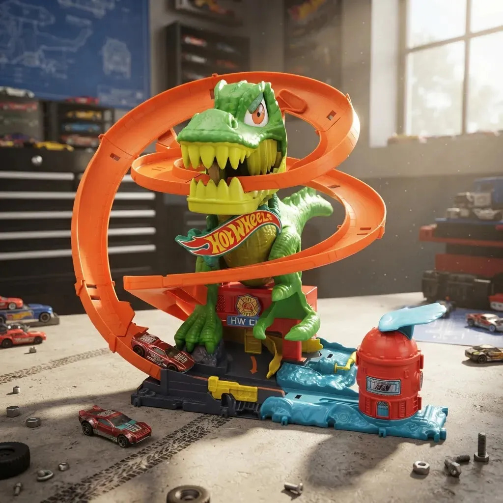 Trilha Hot Wheels Jurassic World T-rex Vs Fire Station 36 cm colorida multicolorida