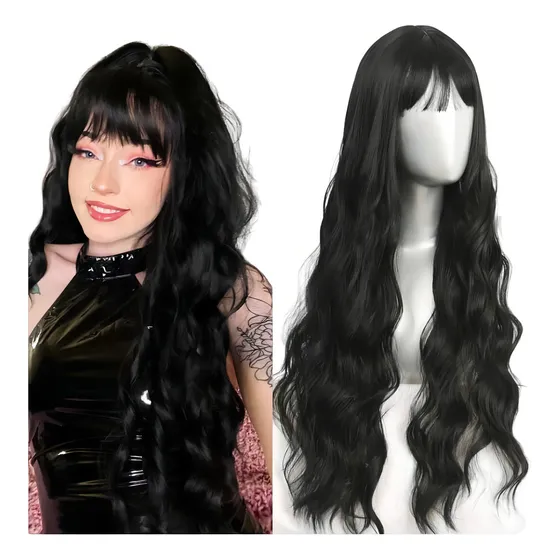 Peruca Wig Ruiva Preta Castanho Com Luzes Longa 75cm Franja