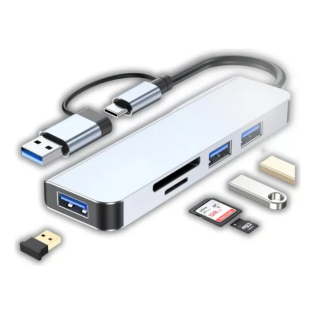 Hub 5 En 1 Tipo C + Usb A Usb 3.0 + Usb 2.0 + Sd/tf Cqt-2302 Color Gris Oscuro