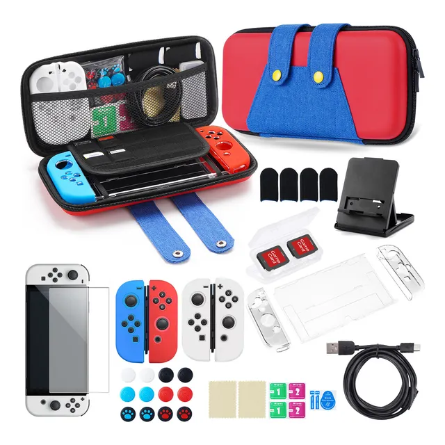 Kit De Estuche Y Accesorios Para Nintendo Switch Oled 34pzs Paquete De Juegos Funda De Transporte Funda Protectora De Pantalla, Funda Para Juegos,typ-c Cable Usb, Manga Del Pulgar,joy-con,skin Caps