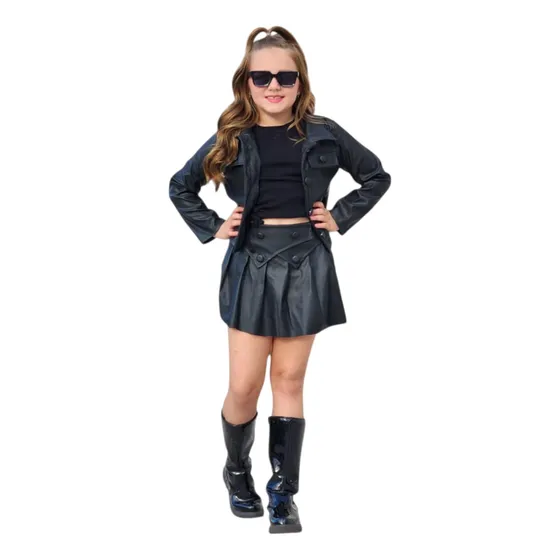 Conjunto Couro Juvenil Menina Jaqueta E Short Saia 10 Ao 16