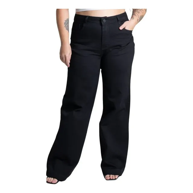 Calça Feminina Sarja Plus Size Wide Leg 277207 Preta Sawary