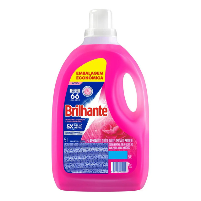 Embalagem de 5 litros do lava-roupas líquido Brilhante Perfume Extraordinário, na cor rosa, com destaque para o rendimento de 66 lavagens.