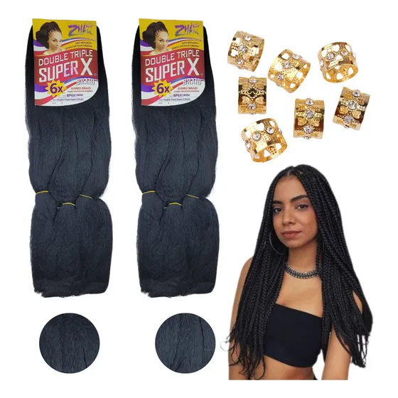 Kit 2 Pacotes Cabelo Jumbo Super X Para Tranças 400g + Anéis Cor Preto #1