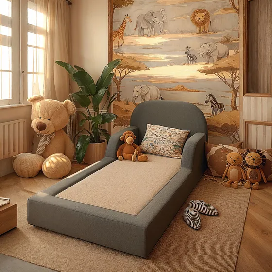 Cama Solteiro Infantil Cinza Com Colchão Montessoriana Baixa E Segura, Laterais Espumadas, Ideal Para Criança Dormir Com Conforto E Estilo Moderno