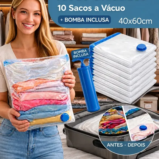 Kit 10 Sacos A Vácuo 40cmx60cm Kit Com Bomba Organizador De Roupas Viagem Casa Mala Otimização De Espaço