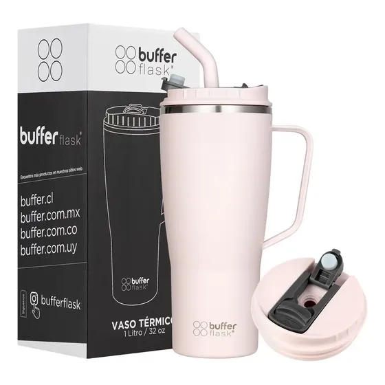 Vaso Térmico Mug Agua Cafe 1 Lt Buffer Acero Inox + Tapas - Pinky | Cuotas sin interés