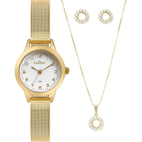 Relogio Feminino Condor Dourado Pequeno Pulseira Mesh Luxo Cor Do Fundo Branco