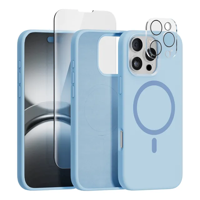 Kit Funda Para Iphone Magsafe + Mica Pantalla + Mica Camara Azul Celeste Iphone 13