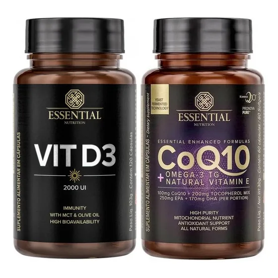 Kit Coenzima Coq10 60 Caps + Vit D3 2000ui 120caps Essential Sabor Sem Sabor