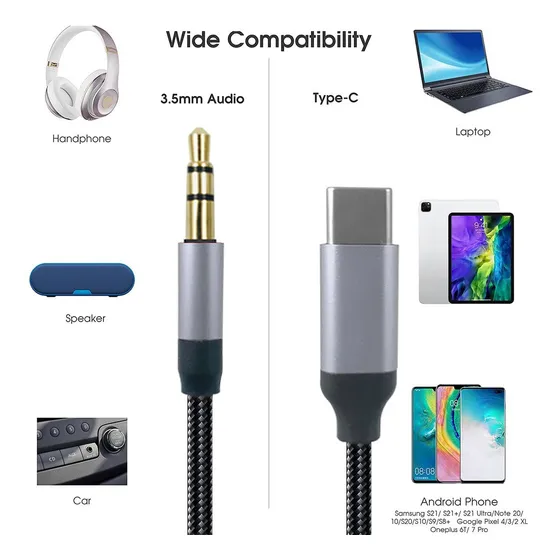 Cable Auxiliar Celular Tipo C P2 De 3.5 Mm Para Xiaomi Samsung Xtwe Color Negro/plateado