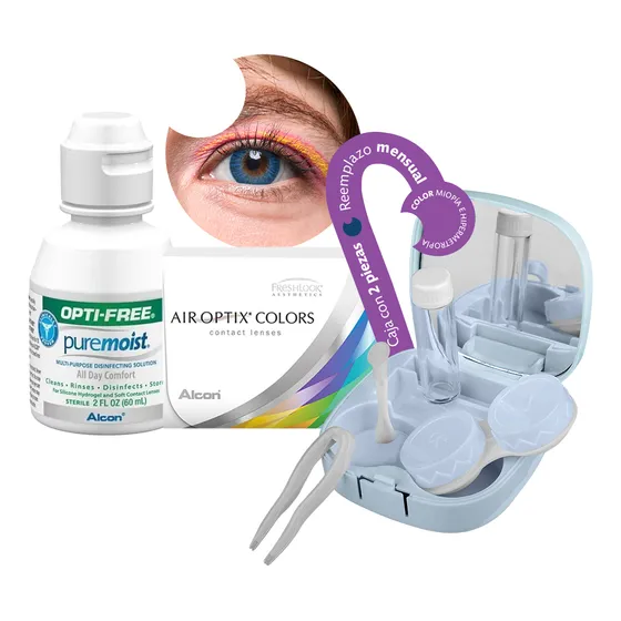 Lentes De Contacto Alcon Air Optix Colors | Color Azul Brillante Sin Graduación | Kit Optioutlet Incluye Estuche Con Espejo Y Solución De 60ml | Pupilentes De Colores Naturales De Duracion Mensual