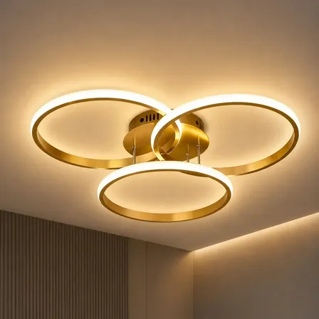 Luminária de Teto, Plafon de Teto Moderno Dourado 3 Anéis LED Regulável 51W, Luminária LED de Sobrepor para Sala de Estar Quarto Cozinha, Alta Luminosidade 3 em 1