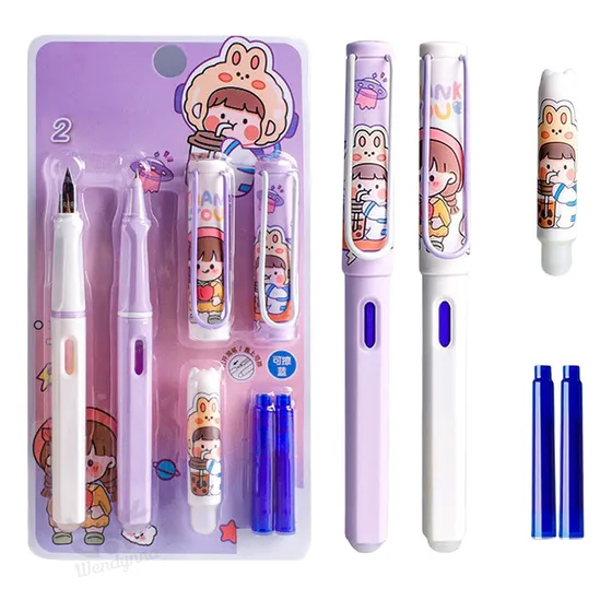 2 Pluma Fuente Borrable Estilográfica Kawaii Con Tinta Azul