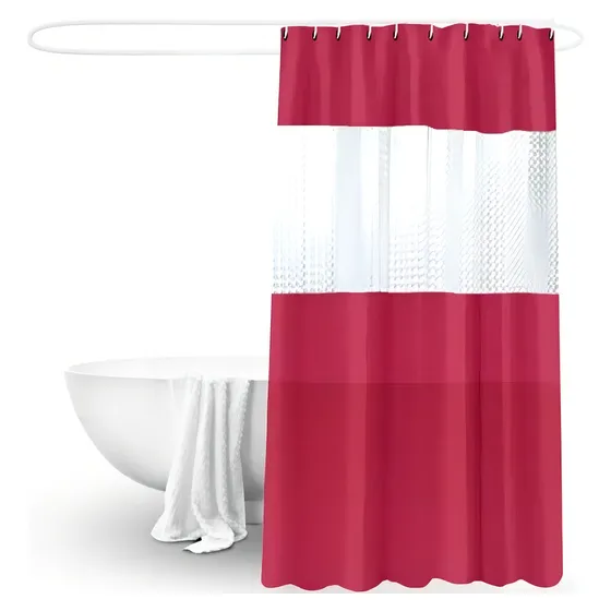 Cortina De Baño Impermeable Burdeo C/ Transparencia+12gancho Liso