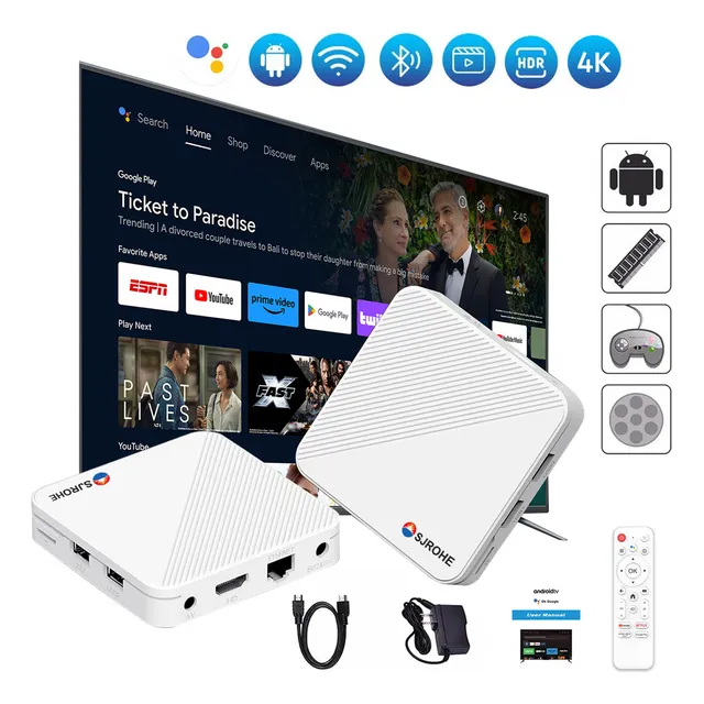 Sjrohe Tv Box Streaming Tv 4+32gb 4k Negro Control Remoto Bluetooth Full Hd Android Tv Android 14.0 Tv Stick Wifi 6 Con Google Assistant Cable Hdmi 2.1
