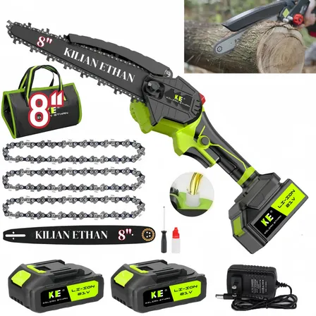 Mini Motosierra 8  Inalámbrica 1100w Con 2 Baterías 2.0ah | Sierra Eléctrica Kilian Ethan Clq-03 Para Poda Jardín Árboles Gruesos | Ligera Con 3 Cadenas Bolsa Lubricante | Herramientas Portátiles