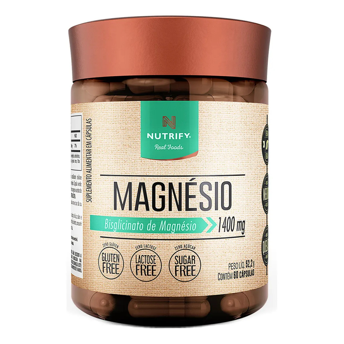 Pote de suplemento Magnésio Bisglicinato da marca Nutrify com 60 cápsulas, rótulo bege com detalhes em verde e tampa marrom.
