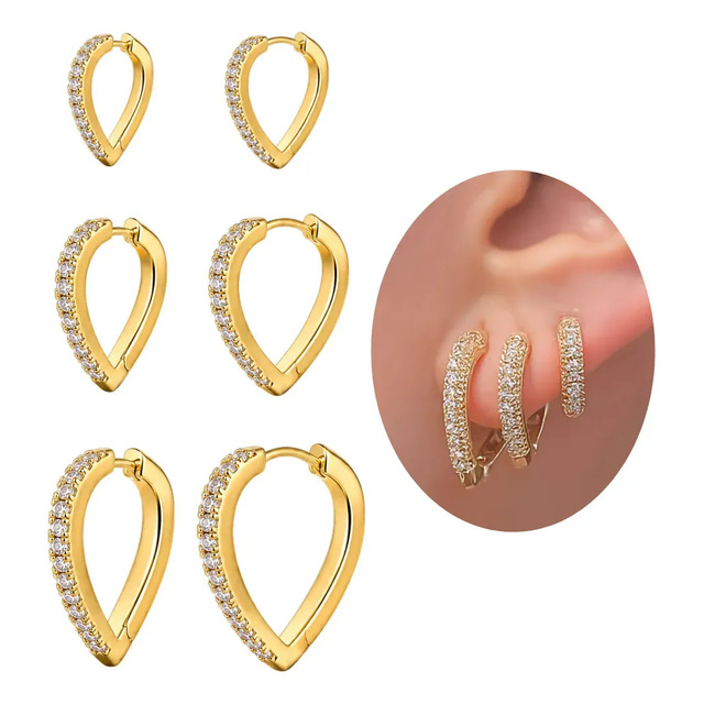 Kit Trio Argola Coração Crav. Zircônia Semijoia Banhada Ouro Dourado