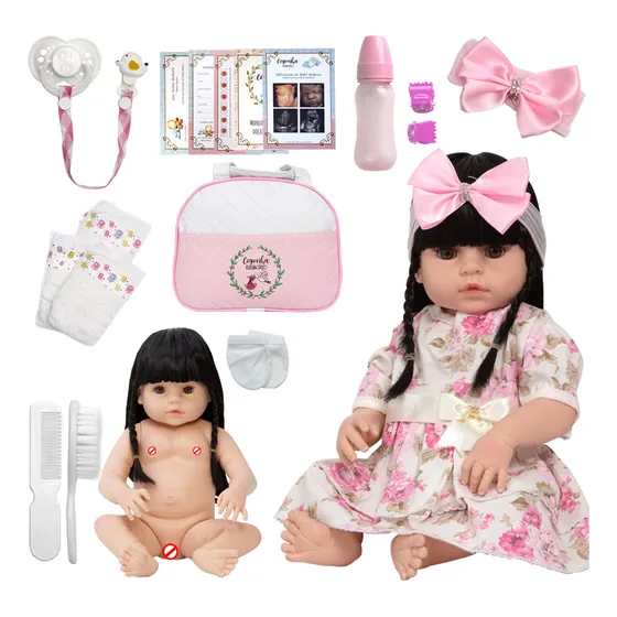 Boneca Tipo Reborn Nicole Recém Nascida Linda + Kit 20 Itens